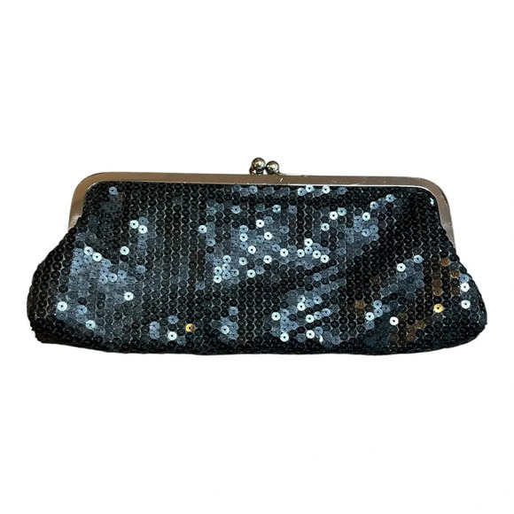 Ann Taylor LOFT Black Sequin Clutch Bag Purse Evening Cocktail 10.5"X4.5" NWT - Picture 2 of 7